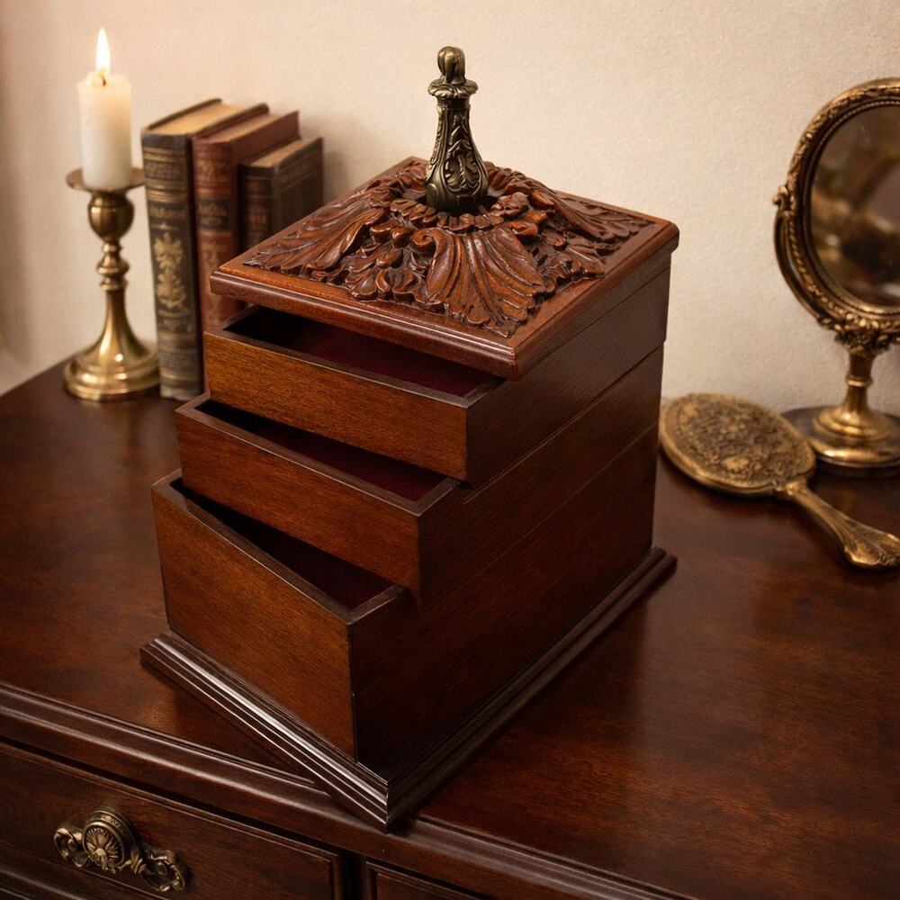 Bombay Company Jewelry Box Carved Wood Velvet Lined Tiered